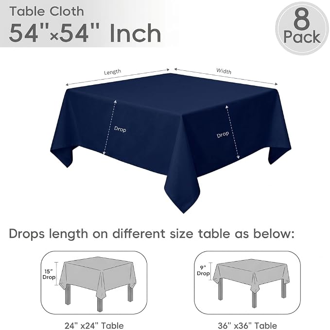 8 Pack Navy Blue Square Tablecloth 54 x 54 Inch | Wrinkle Resistant, Washable, Polyester Fabric, Square Table Cloth for Dining Party Banquet Buffet Wedding