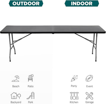 FDW 8 Foot Outdoor Dining Table, Foldable Portable Rectangular Plastic Folding Table with Built in Carrying Handle for Party and Wedding Use, Black