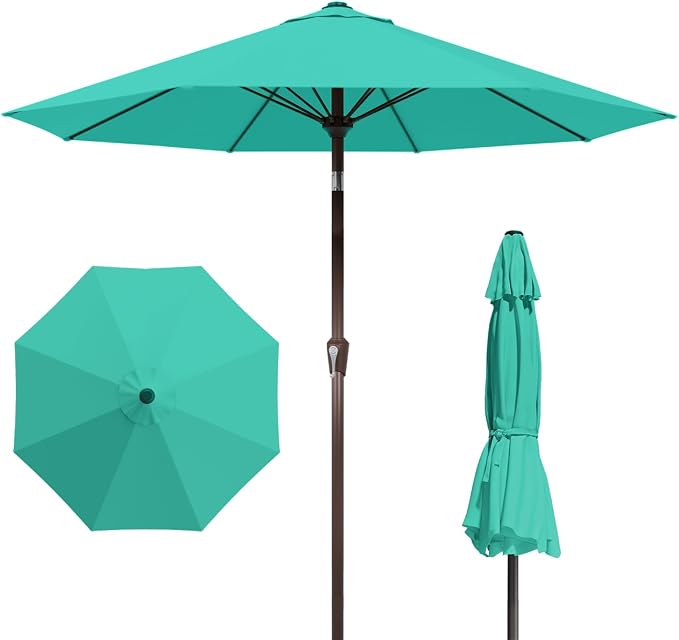 9FT Patio Umbrella with Fiberglass Ribs, Outdoor Market Table Umbrella with Crank and Tilt, UV Resistant Waterproof Canopy for Patio, Garden, Deck, Pool, Turquoise Blue