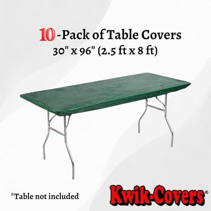 10 Pack of Rectangular Plastic Table Covers - 6' Foot or 8' Foot Options - Indoor or Outdoor Fitted Table Covers (Table NOT Included) (Hunter Green, 30" x 96" (8' ft))