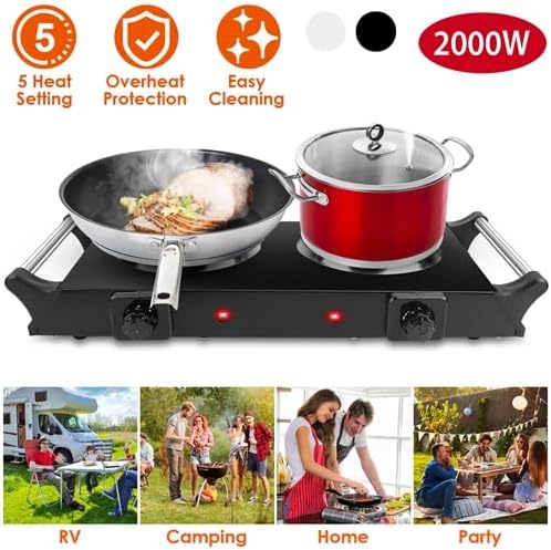 2000W Electric Dual Burner Portable Coil Heating Hot Plate Stove Countertop RV Hotplate with 5 Temperature Adjustments Porta-ble Handles