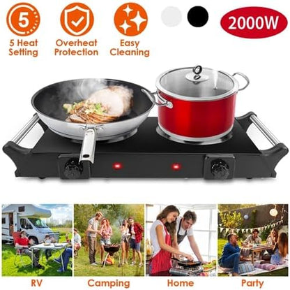 2000W Electric Dual Burner Portable Coil Heating Hot Plate Stove Countertop RV Hotplate with 5 Temperature Adjustments Porta-ble Handles