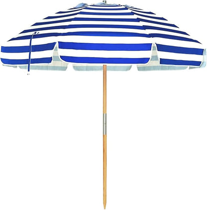 AMMSUN 7.5ft Heavy Duty HIGH Wind Beach Umbrella Commercial Grade Patio Beach Umbrella with Air Vent Ash Wood Pole & Carry Bag UPF 50+ Protection Stripe Blue white