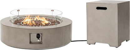 HOMPUS Outdoor Round Propane Fire Pit Table, 41''Fire Table w Wind Guard & 20lb Tank Cover Table, 50000 BTU Fire Pit w Free Waterproof Cover & Fire Stone for Patio, Garden, Grey