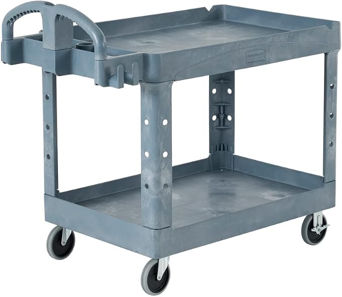 Rubbermaid Commercial Products BRUTE Heavy Duty 2-Shelf Utility/Service Cart, Large, Lipped Shelves, Ergonomic Handle, 750 lbs. Capacity, Black, for Warehouse/Garage/Cleaning/Maintenance/Stadiums