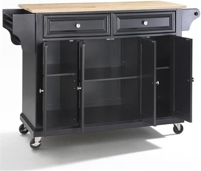 Crosley Furniture Full Size Wood Top Rolling Kitchen Island Storage Cart, Microwave Stand, Spice Rack, Black