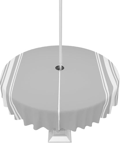 QueenKer Outdoor Tablecloth with Umbrella Hole, Farmhouse Gray White Stripe Round Tables Waterproof Tabletop Collection for Patio, Garden, Picnic, Camping, Dining 54R