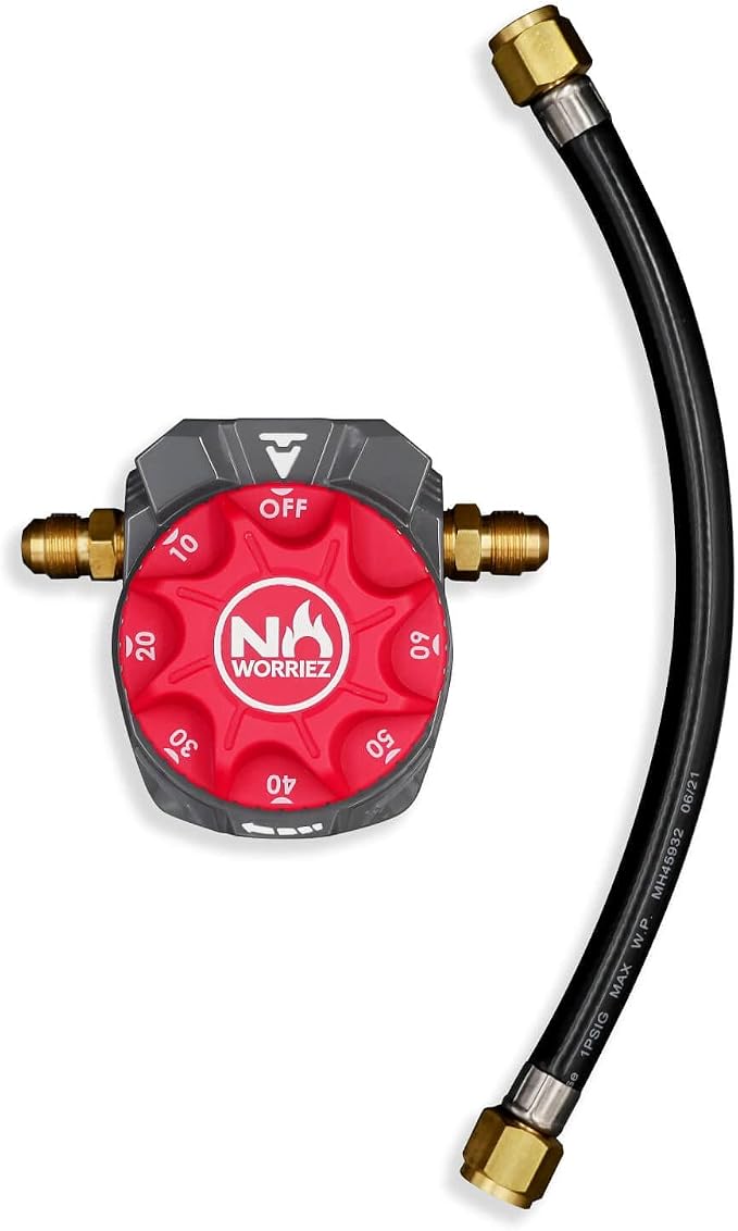 NO WORRIEZ Safety Auto Shut-Off Gas Timer for Propane & Natural Gas | Outdoor Grill, Fire Pit, Pizza Oven | – 100,000 BTU w/ 3/8" Flared Connector & Hose, Patent Pending