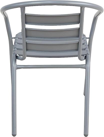 BTEXPERT Gray Lightweight Indoor Outdoor 23.75" Restaurant Stainless Steel Silver Metal Aluminum Slat Stack Commercial, 4 Chairs with a Square Table