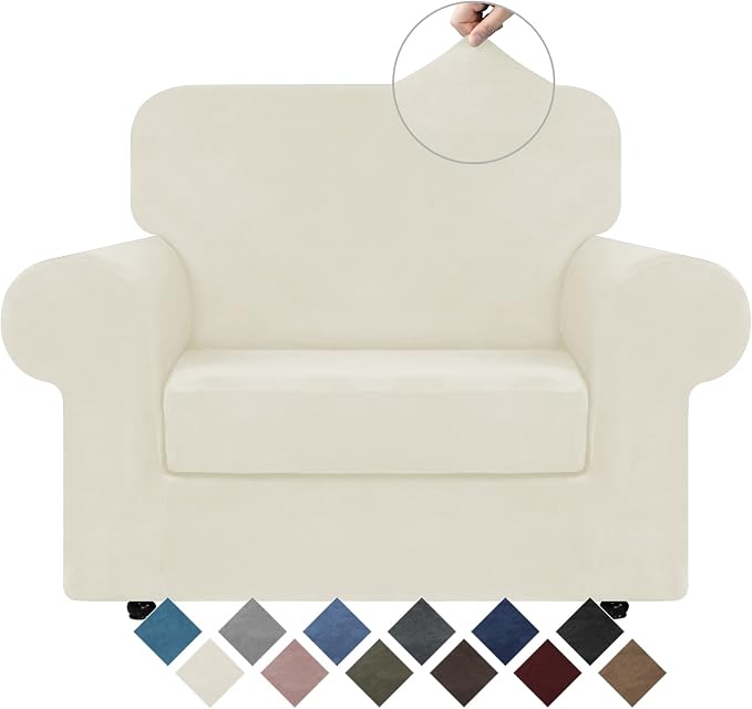 WEERRW Stretch Chair Sofa Slipcover - 2 Pieces Luxury Soft Plush Couch Cover Furniture Protector with Elastic Bottom for Pets, Machine Washable, Ivory, Small | Armchair Slipcovers Luxury Soft Velvet Plush Furniture Protector Couch Cover with Elastic Bo...