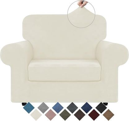 WEERRW Stretch Chair Sofa Slipcover - 2 Pieces Luxury Soft Plush Couch Cover Furniture Protector with Elastic Bottom for Pets, Machine Washable, Ivory, Small | Armchair Slipcovers Luxury Soft Velvet Plush Furniture Protector Couch Cover with Elastic Bo...