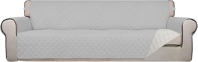 PureFit Reversible Quilted Couch Covers for Dogs Sofa Cover 4 Seater 88" | Light Gray/Ivory, Water Resistant Couch Protector, Washable Pet Couch Cover with Non Slip and Elastic Straps For Kids