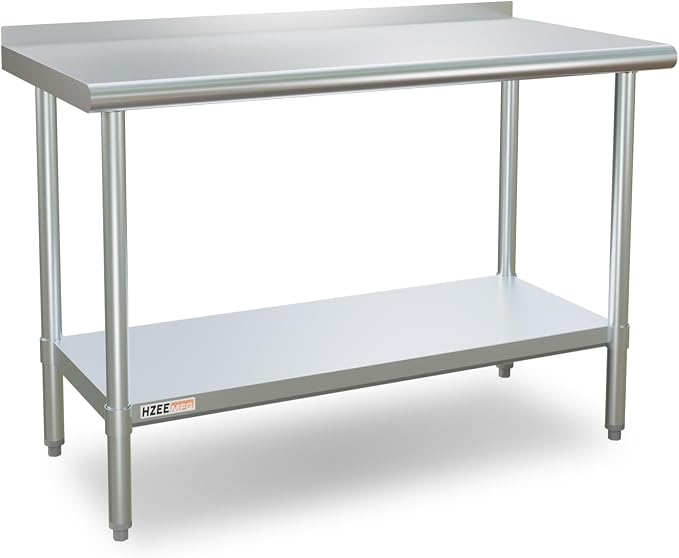 Stainless Steel Table with Backsplash 48x24 Inches 4ft for Prep | Heavy Duty Metal Workbench with Adjustable Undershelf for Commercial Kitchen Restaurant Laundry Garage Home Hotel Chef