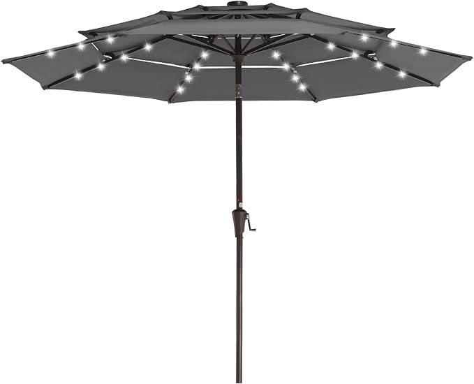 JEAREY 9 ft 3-Tier Outdoor LED Lighted Patio Umbrella w/Crank, Gray | Solar Market Table Umbrella with 8 Sturdy Ribs, UV Protection Waterproof Sunproof for Garden, Deck and Backyard
