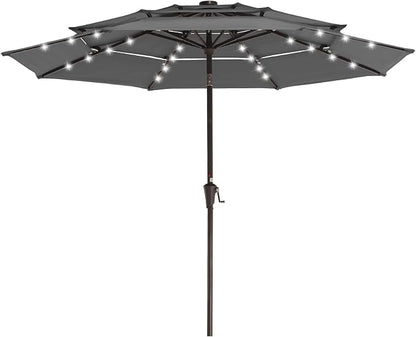 JEAREY 9 ft 3-Tier Outdoor LED Lighted Patio Umbrella w/Crank, Gray | Solar Market Table Umbrella with 8 Sturdy Ribs, UV Protection Waterproof Sunproof for Garden, Deck and Backyard