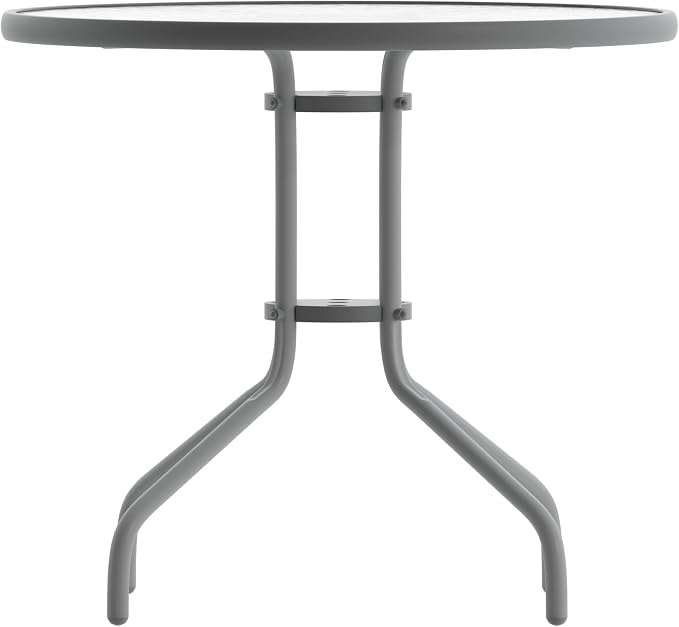 Flash Furniture 31.5 in Metal Round Table, Silver | Tempered Glass Top