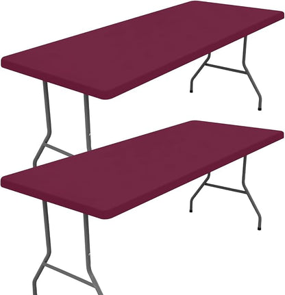 Moosfor 2 Pack Rectangle Spandex Fitted Table Cloth, 8FT Elastic Tablecloth | Washable Picnic Table Cover, Stretch Waterproof Table cloths for Party, Patio, Dining, Kitchen, 30" x 96", Jujube Red