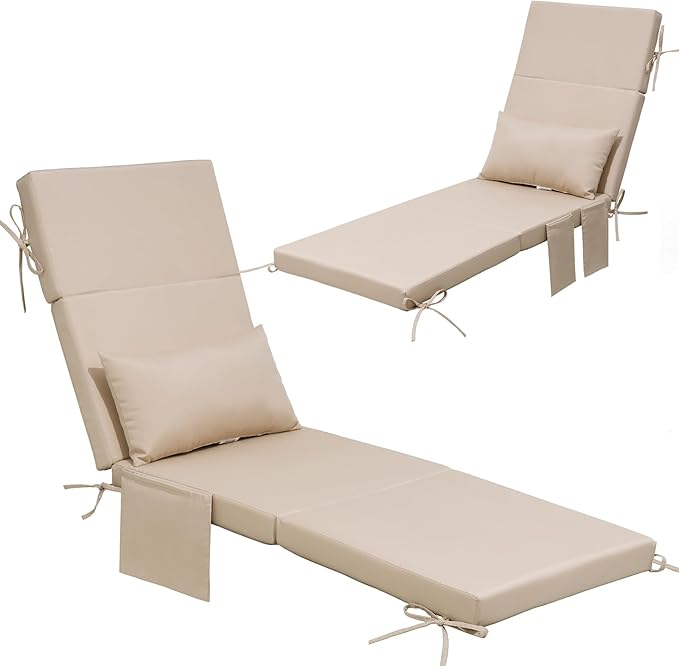 Crestlive Products Foldable Outdoor Chaise Lounge Cushions with Head Pillow and Side Pockets, Water Resistant & Fade Resistant Lounge Chair Cushion, 72" L x 21" W, Beige