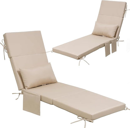 Crestlive Products Foldable Outdoor Chaise Lounge Cushions with Head Pillow and Side Pockets, Water Resistant & Fade Resistant Lounge Chair Cushion, 72" L x 21" W, Beige