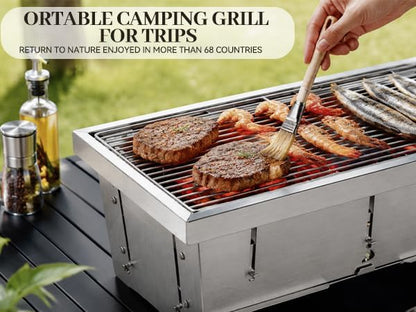Portable Stainless Steel Charcoal Grill, Foldable Tabletop BBQ Grill for Camping, Backpacking, Hiking, Picnic - Ultra Compact & Lightweight