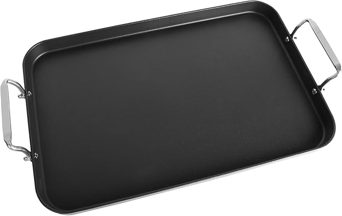 21" x 13" Cast Iron Griddle Pan, Non-Stick Stove Top Flat Plate with Stainless Steel Handle for Gas Grill, Camping, BBQ, Smooth Surface Double Burner Cookware