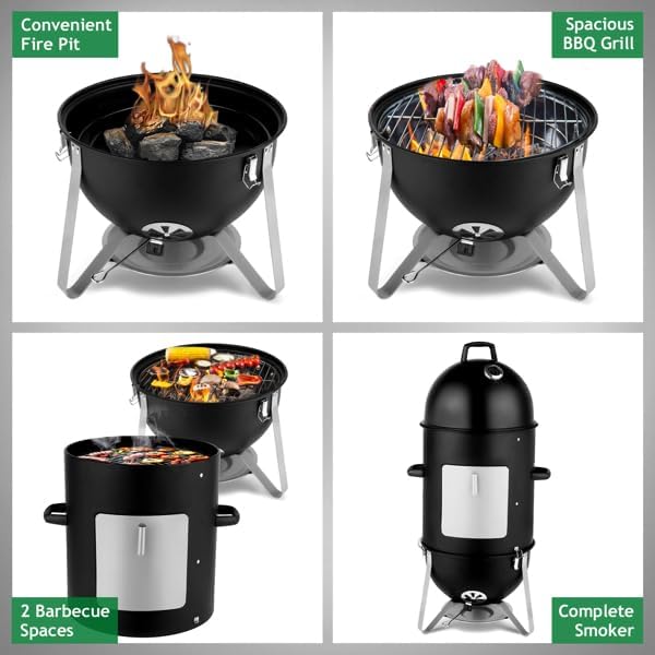 Vertical Steel Charcoal Smoker, Heavy Duty Three Layer Round BBQ Grill Fuel Efficient Cooker for Outdoor Cooking, Black (Tall Vertical 3 Tier Smoker)