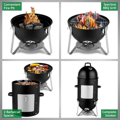 Vertical Steel Charcoal Smoker, Heavy Duty Three Layer Round BBQ Grill Fuel Efficient Cooker for Outdoor Cooking, Black (Tall Vertical 3 Tier Smoker)