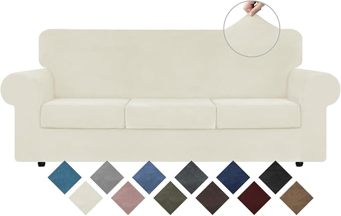 WEERRW 4 Pieces Couch Cover for Sofa Velvet Sofa Covers Washable, Ivory | Sofa Covers for 3 Cushion Couch Furniture Protector Sofa Slipcovers with Non Slip Elastic Bottom, Pet Friendly, Large