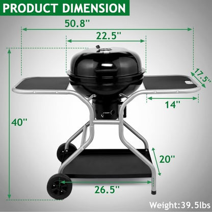Kettle Charcoal Grill with 2 Side Tables & Storage Shelf, Outdoor BBQ Grill with Wheels, Thermometer & Ash Catcher for Patio, Tailgating, 48" Charcoal Kettle Grill,Portable BBQ Grill with Wheels
