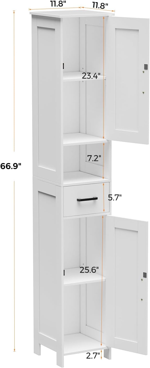 Homhedy 67" H Tall Bathroom Storage Cabinet with Barn Doors and Drawer | Narrow Storage Unit with Adjustable Shelves, Floor Cabinet for Bathroom, Living Room, Entryway or Kitchen, White, 11.8" W