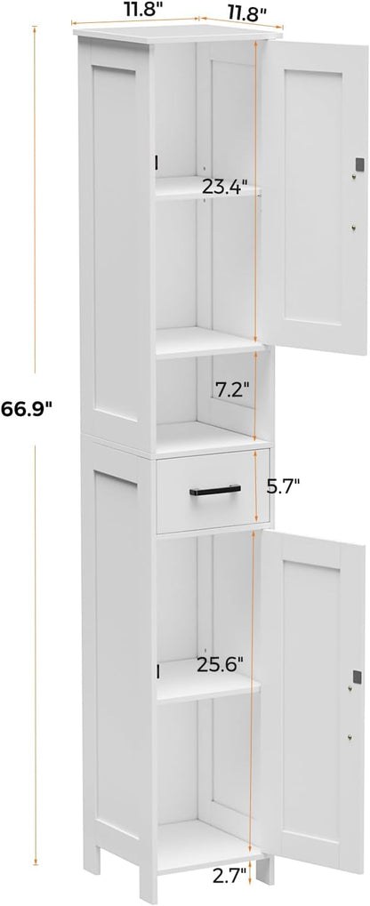 Homhedy 67" H Tall Bathroom Storage Cabinet with Barn Doors and Drawer | Narrow Storage Unit with Adjustable Shelves, Floor Cabinet for Bathroom, Living Room, Entryway or Kitchen, White, 11.8" W