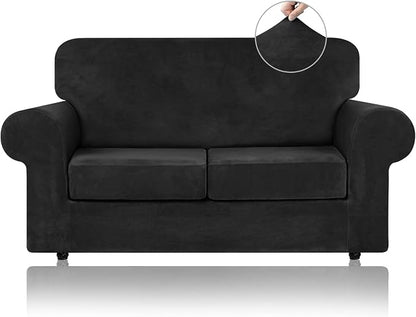 WEERRW Velvet Stretch 3 Pieces Couch Cover for Sofa Washable, Black | Love Seat Couch Covers for 2 Cushion Couch Sofa Furniture Protector slipcoves with Elastic Bottom for Kids, Medium