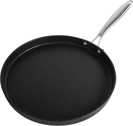 12" Cast Iron Griddle Pan with Stainlessl Steel Handle, Pre-Seasoned Nonstick Round Skillet for Stovetop, Oven and Grill, Perfect for Pancakes, Crepes, Tawa, Dosa, Tortilla