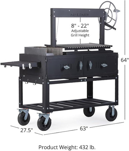Ash & Ember Santa Maria Grill with Brasero Charcoal Chamber, Wood & Charcoal Argentine Grill with Ceramic Brick Lining, BBQ Grill with Hand Wheel for Adjustable Heat Control, Bottom & Side Shelf