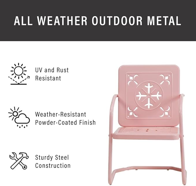 Crosley Furniture Azalea 5-Piece Vintage Outdoor Dining Set for 4, Retro Metal Round Patio Table and Chairs, Pastel Pink Gloss/White Satin