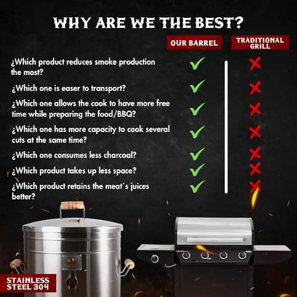 (50 Pound) 2-in-1 Smoker Barrel Vertical Grill - Premium 304 Stainless Steel - Big Barril Charcoal BBQ Thermometer & Ventilation - Cooking Accessories Meat Kit - Portable Outdoor, Camping - QUE ASADOR