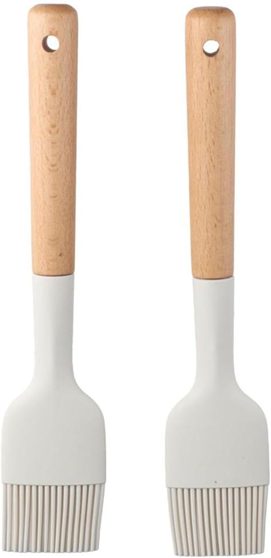 2Pcs Silicone Oil Brush with Wooden Handle,Durable Basting Brush Pastry Brush,Easy to Clean,White Food Brushes for Cooking Baking Grilling