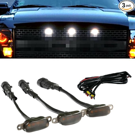 White LED Grille Light Kit, LED Bumper Hood Lights, Compatible with Ford F-150 Raptor-Style Aftermarket Grilles 2004-2019, 3PCS (Smoked Cover/White LED Lights)