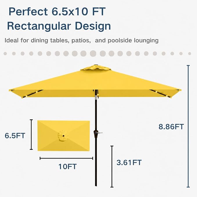 6.5 x 10ft Rectangular Patio Umbrella with Solar Lights, 16 LED Lighted Market Umbrella with Push-Button Tilt and Crank, 6 Sturdy Iron Ribs for Garden, Deck, Pool, Sunshine Yellow