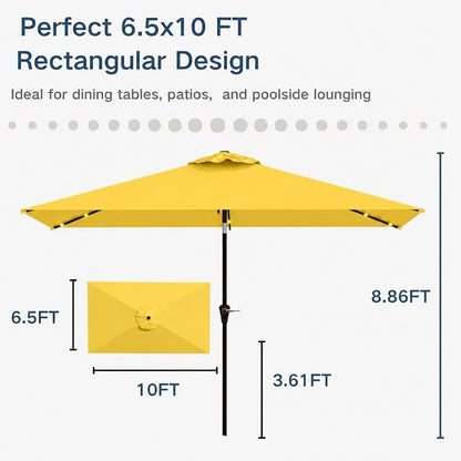 6.5 x 10ft Rectangular Patio Umbrella with Solar Lights, 16 LED Lighted Market Umbrella with Push-Button Tilt and Crank, 6 Sturdy Iron Ribs for Garden, Deck, Pool, Sunshine Yellow