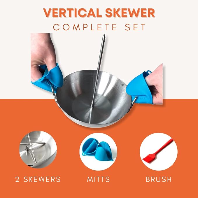 Vertical Skewer for Tacos Al Pastor, BBQ Hack Vertical Skewer Stand for Oven Shawarma Kebabs, Grill or Smoker; 2 Sizes of Stainless Steel Skewers, Basting Brush and Pair of Silicone Oven Mitts