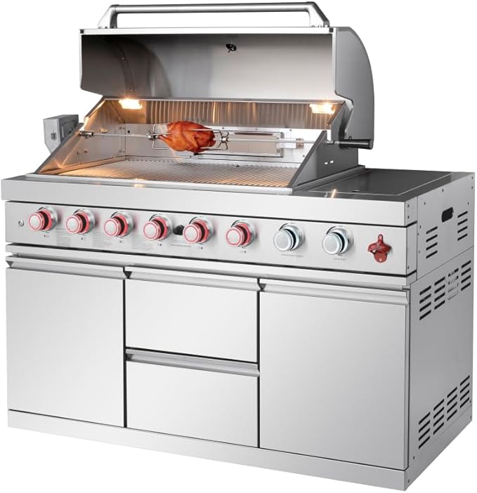 6-Burner 99000 BTU Stainless Steel Outdoor Kitchen Island Grill with Sink, Storage Cabinet, Refrigerator and Three-Tier Corner Cabinet