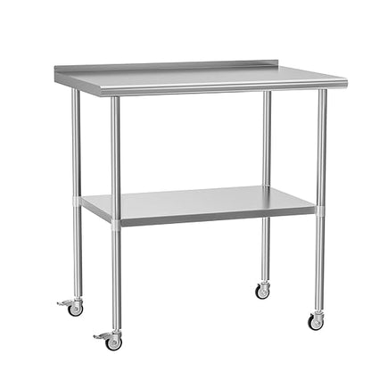Stainless Steel Prep Table 30" X 36" with Adjustable Undershelf, Backsplash and Wheels, Commercial Metal Workstations for Kitchen, Garage, Home and Hotel