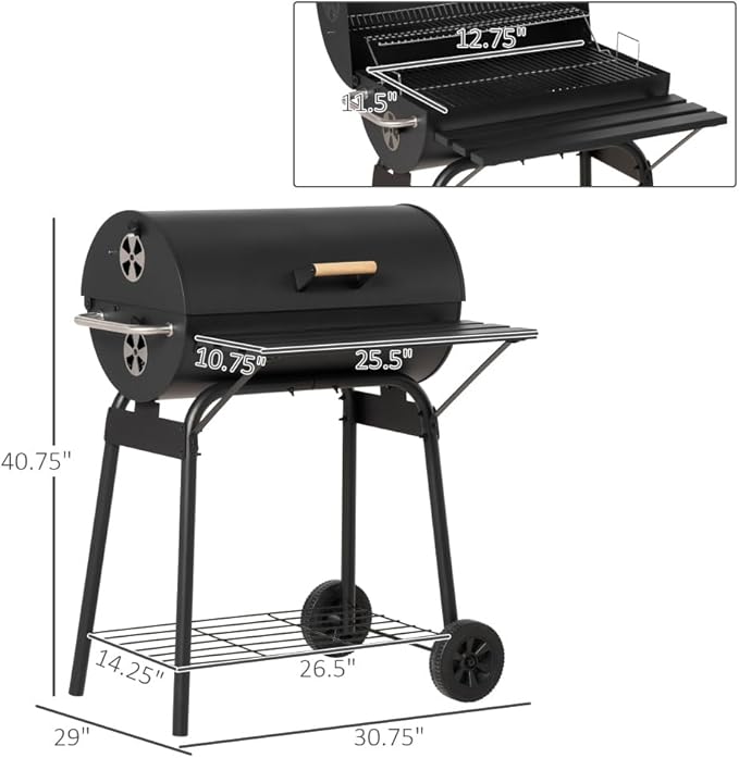 Portable Charcoal Grill for Outdoor Barbecue, Compact Steel BBQ Smoker with Wheels, Side Shelf and Adjustable Vent for Camping, Picnic, Backyard Use