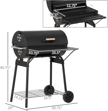 Portable Charcoal Grill for Outdoor Barbecue, Compact Steel BBQ Smoker with Wheels, Side Shelf and Adjustable Vent for Camping, Picnic, Backyard Use