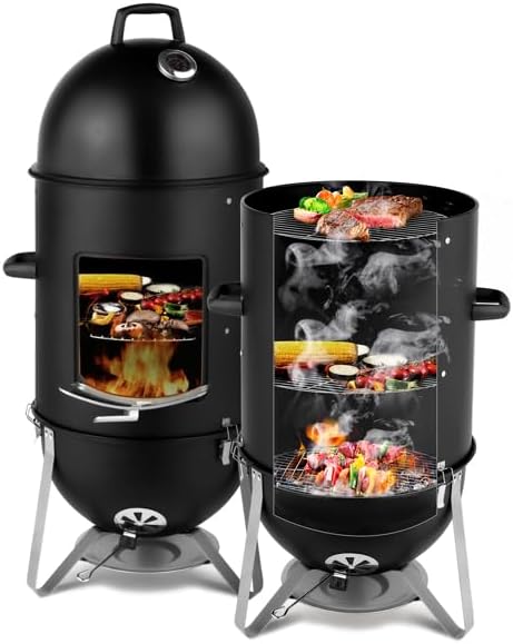 Vertical Steel Charcoal Smoker, Heavy Duty Three Layer Round BBQ Grill Fuel Efficient Cooker for Outdoor Cooking, Black (Tall Vertical 3 Tier Smoker)