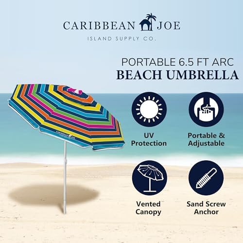 Caribbean Joe Beach Umbrella, Portable and Adjustable Tilt Sun Umbrella with UV Protection, Vented Canopy, Full 6.5 ft Arc