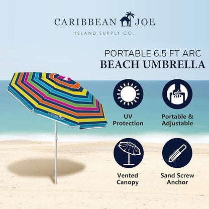 Caribbean Joe Beach Umbrella, Portable and Adjustable Tilt Sun Umbrella with UV Protection, Vented Canopy, Full 6.5 ft Arc