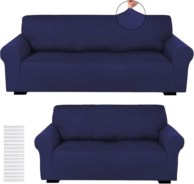Peryiter 2 Pcs Couch and Loveseat Sofa Covers,Navy Blue,Milk Silk | Armchair Covers for Living Room, Sofa Cushion Slipcover 2/3 Seater, Furniture Protector, Polyester and Spandex, Washable