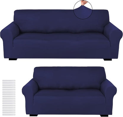 Peryiter 2 Pcs Couch and Loveseat Sofa Covers,Navy Blue,Milk Silk | Armchair Covers for Living Room, Sofa Cushion Slipcover 2/3 Seater, Furniture Protector, Polyester and Spandex, Washable